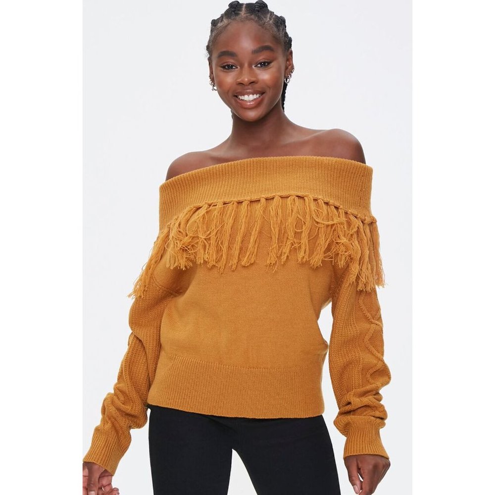 Ninexis Sweater Women's Medium‎ Camel Shawl Neck Tassels Pullover Soft Knit